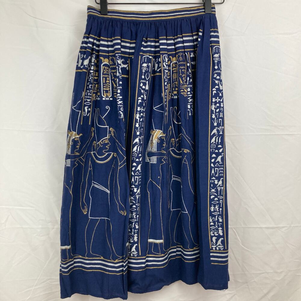Vintage Womens XXS Egyptian Hieroglyphic Blue Midi Skirt Historical Museum Artsy